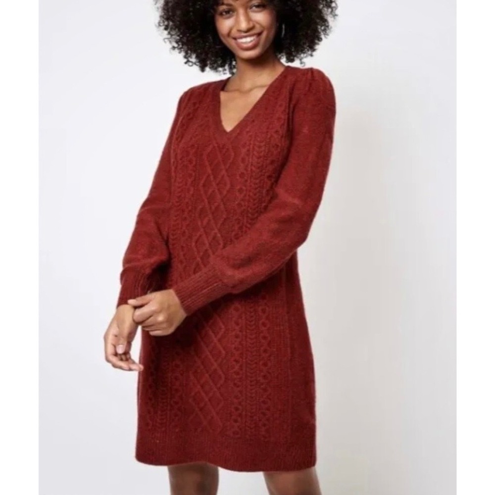 Loft Sweater Dress VNeck Rust Cable Knit Mini Women's Size Medium Tall MT Winter